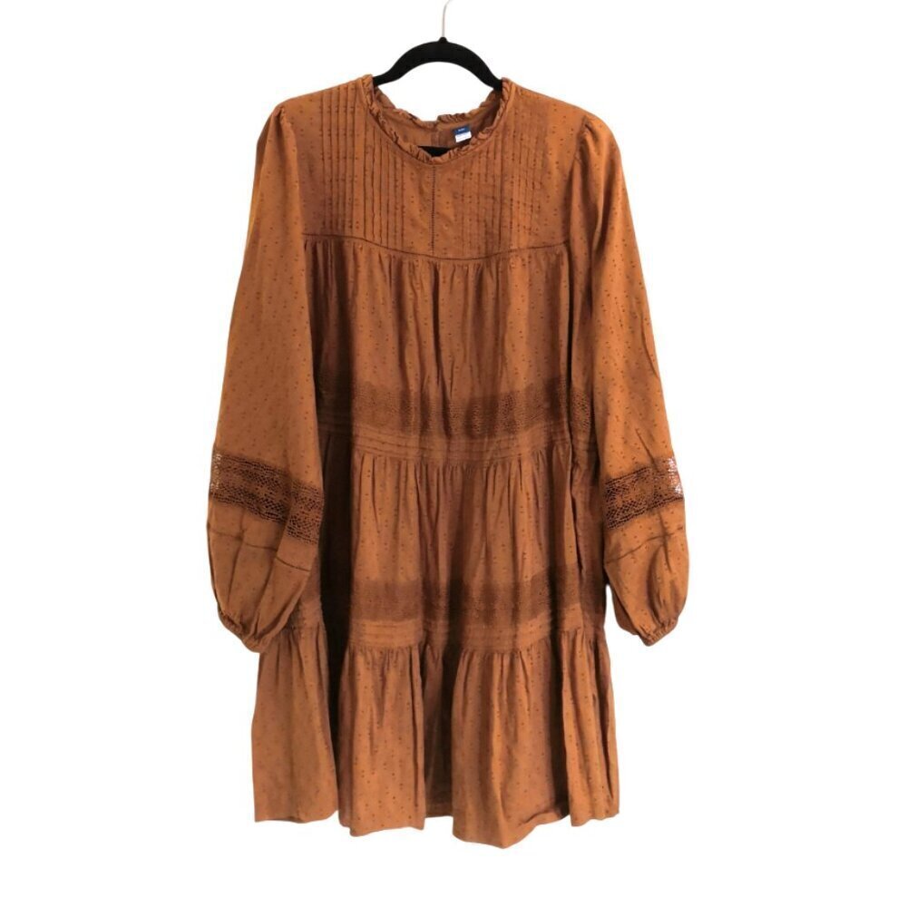 Old Navy Long Sleeve Baby Doll Dress Swiss Dot Pintuck Lace Tiered Mustard Color